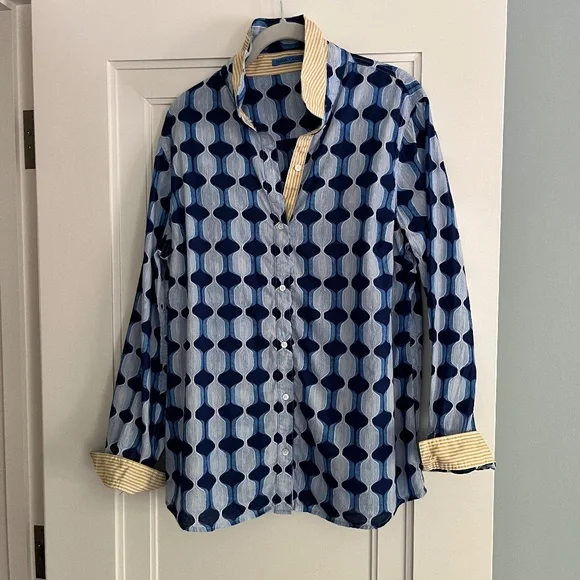 J. McLaughlin Lois Blouse in navy/blue/yellow, Size XL - Picture 3 of 7
